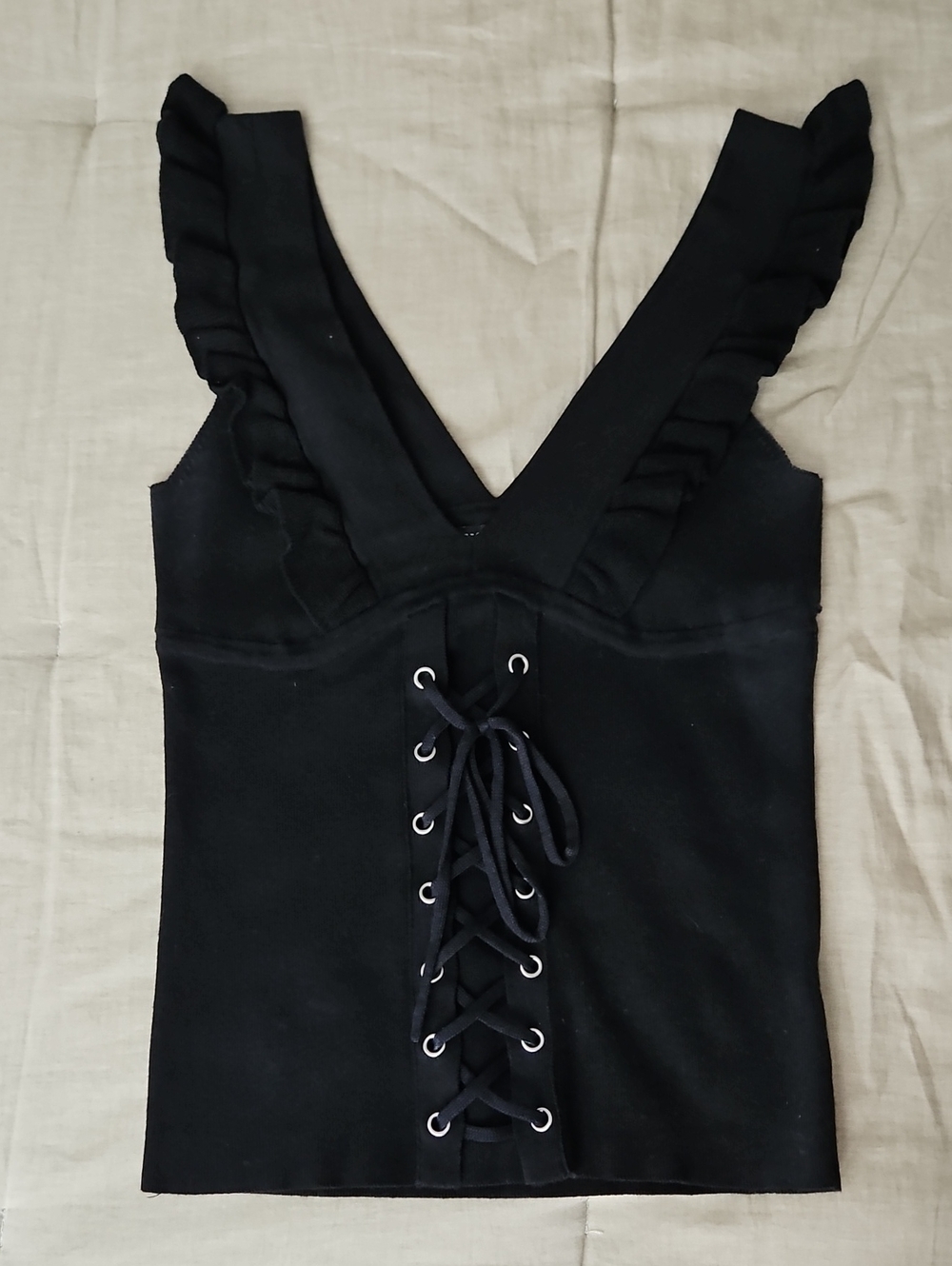 Express Black Ruffle Lace-Up V-Neck Tank